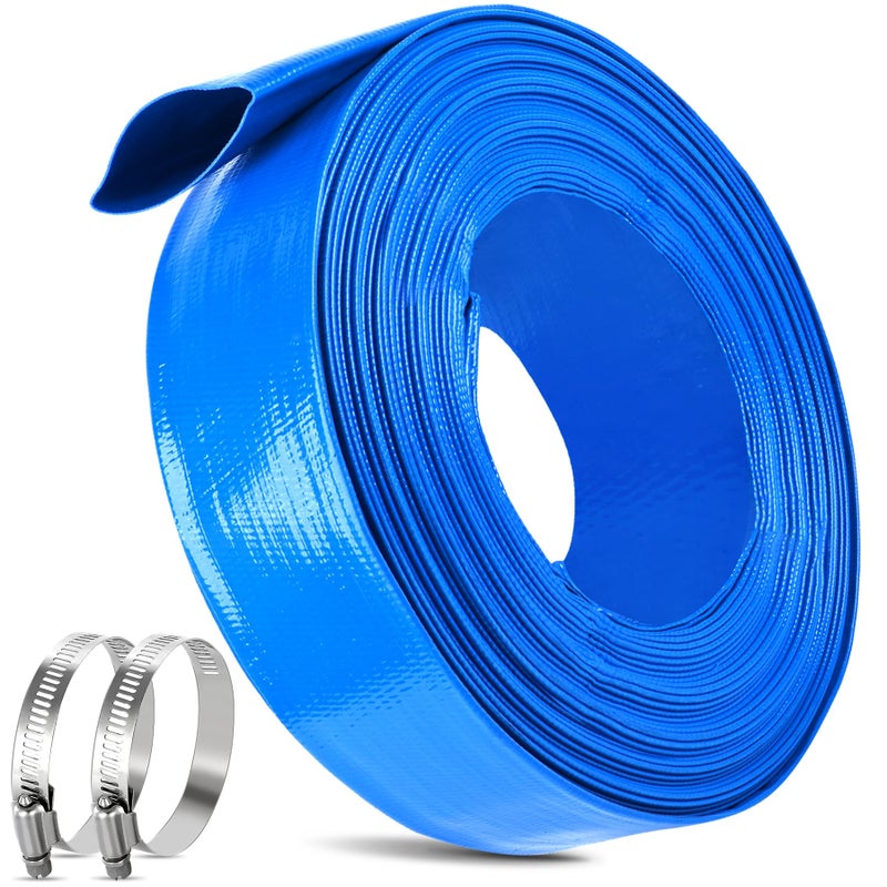 MYFAMIREA 1.25 IN x 30 FT Pool Backwash Hose Heavy Duty Drain Discharge Double PVC Layflat Hose with 2 Clamp, Weatherproof Burst Resistant for Water Transfer, Sump Pump, Pool Filter, Drain (9.2M,Blue) - Image 1